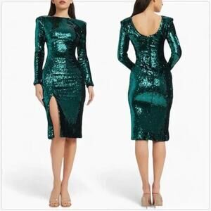 DRESS THE POPULATION Natalie Midi Dress Deep Emerald Green Sequin Size M NWT